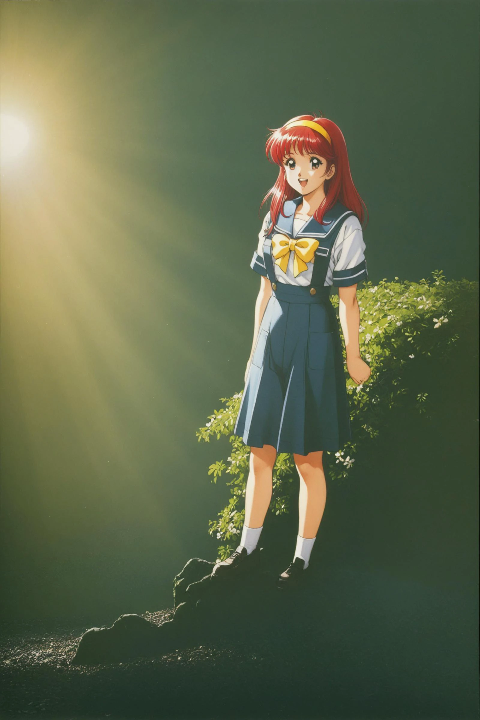 anime,amazing quality,masterpiece,best quality,awesome,inspiring,cinematic composition,soft shadows,Film grain,shallow depth of field,highly detailed,high budget,cinemascope,epic,OverallDetail,color graded cinematic,atmospheric lighting,natural,shallow dof,
Kokura Masashi Style,
Fujisaki Shiori,1girl,solo, (full body:1.4), long hair,school uniform,retro artstyle,yellow hairband,1990s (style),red hair,serafuku,bow,sailor collar,yellow bow,blue sailor collar,red eyes, full body,smile,open mouth,
traditional media,gentle light,
high school, leaf,flower,cherry blossom,
,<lora:super lora_flyx3_XL:0.8>