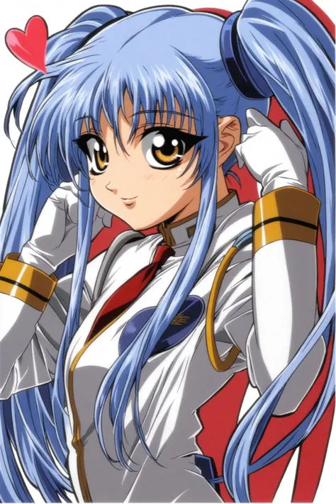 Keiji Gotoh Style,
Hoshino Ruri,white uniform,1girl,solo,twintails,gloves,1990s \(style\),heart,long hair,yellow eyes,long sleeves,retro artstyle,white background,simple background,white gloves,brown eyes,light blue hair,looking at viewer,hands up,light smile,red necktie,adjusting hair,
<lora:super lora_flyx3_XL:0.8>,