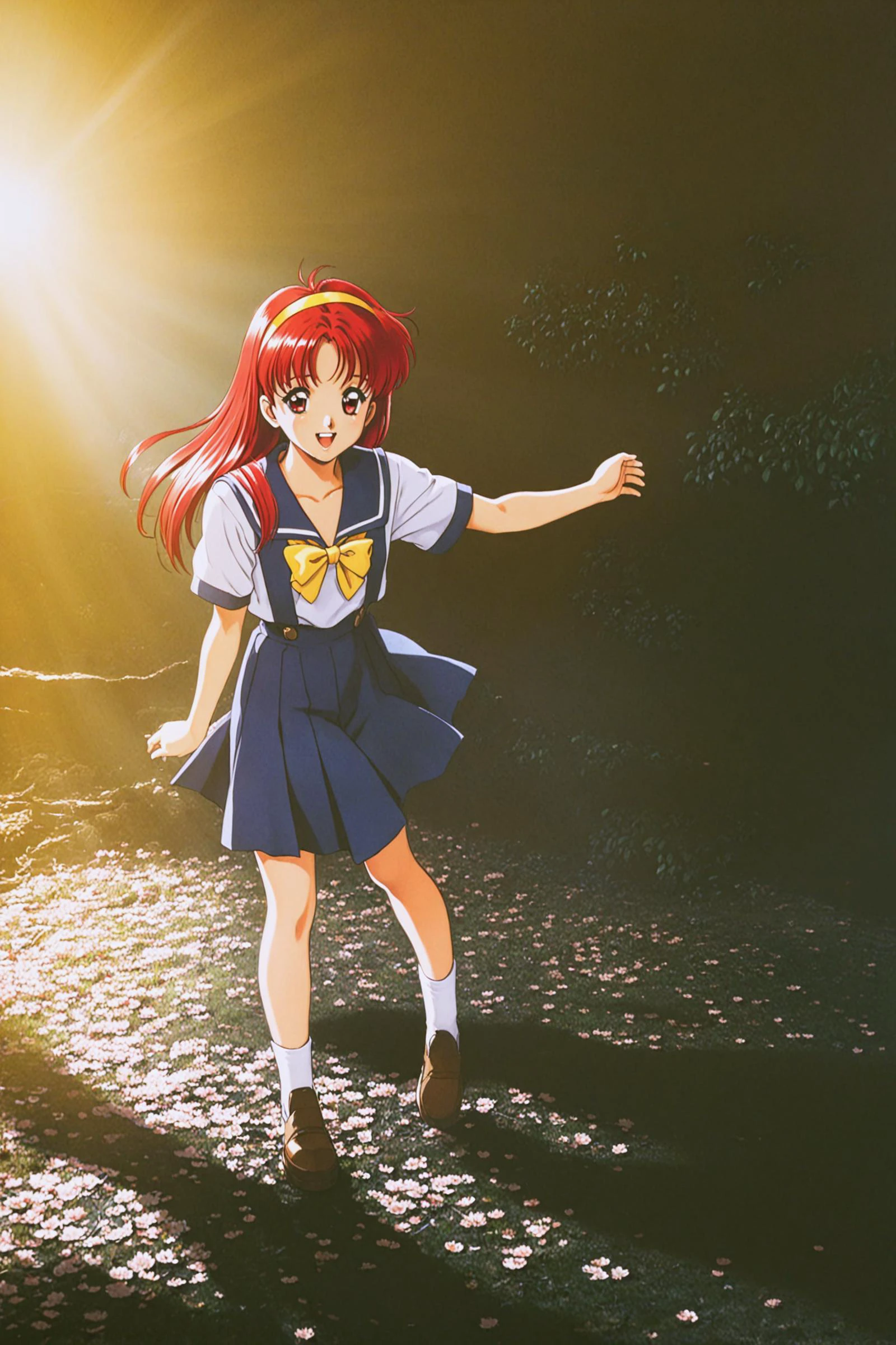anime,amazing quality,masterpiece,best quality,awesome,inspiring,cinematic composition,soft shadows,Film grain,shallow depth of field,highly detailed,high budget,cinemascope,epic,OverallDetail,color graded cinematic,atmospheric lighting,natural,shallow dof,
Kokura Masashi Style,
Fujisaki Shiori,1girl,solo, (full body:1.4), long hair,school uniform,retro artstyle,yellow hairband,1990s (style),red hair,serafuku,bow,sailor collar,yellow bow,blue sailor collar,red eyes, full body,smile,open mouth,
traditional media,gentle light,
high school, leaf,flower,cherry blossom,
,<lora:super lora_flyx3_XL:0.8>