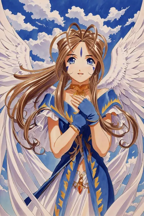 Kosuke Fujishima Style,Kosuke Fujishima Style,Belldandy,1girl,solo,wings,long hair,facial mark,jewelry,brown hair,forehead mark,blue eyes,bracelet,fingerless gloves,gloves,day,sky,cloud,angel wings,standing,ring,upper body,hand on own chest,traditional media,
<lora:super lora_flyx3_XL:0.8>,