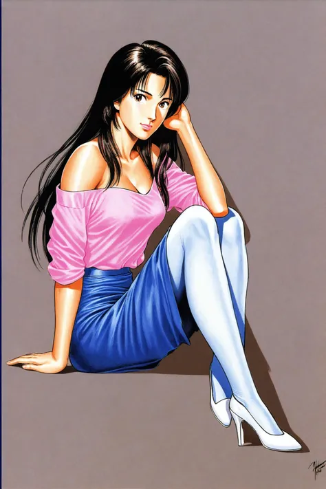 Tsukasa Hojo Style,
Hitomi Kisugi,1girl,solo,skirt,pantyhose,breasts,long hair,black hair,sitting,full body,collarbone,blue skirt,looking at viewer,medium breasts,shirt,cleavage,high heels,bangs,arm support,short sleeves,white pantyhose,parted lips,off shoulder,high-waist skirt,bare shoulders,shiny,pink shirt,lips,parted bangs,shadow,shiny hair,simple background,knees up,arm at side,off-shoulder shirt,hand up,white footwear,crossed ankles,legs,long legs,closed mouth,shirt tucked in,1980s \(style\),retro artstyle,traditional media,
<lora:super lora_flyx3_XL:0.8>,
