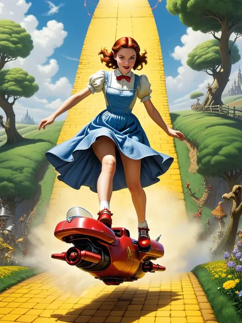 along the (yellow brick road:1.4) on the way to Oz, (Dorothy with her red shoes:1.2) runs away riding a hoverbike, <lora:Hover_Bike:1> hover_bike, 
dutch angle, from below, low camera angle actions scene, (foreshortening:1.3)
<lora:xl_more_art-full_v1:0.55>