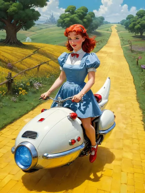 along the (yellow brick road:1.4) on the way from Oz, (Dorothy with her red shoes:1.2) runs away riding a hoverbike, <lora:Hover_Bike:1> hover_bike, (hands on the handlebars:1.2)
dutch angle, from below, low camera angle actions scene, foreshortening,
<lora:xl_more_art-full_v1:0.85>, style by Tom Jung and Drew Struzan and Tim and Greg Hildebrandt