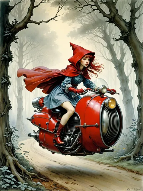 masterpiece,
along the forest path on the way to her Grandmother, Little Red Riding Hood runs away riding a hoverbike, <lora:Hover_Bike:1> hover_bike, (vehicle without wheels:1.2)
<lora:xl_more_art-full_v1:0.25>, style by Arthur Rackham and Brian Froud