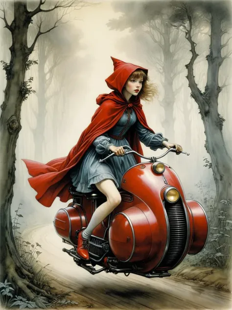 masterpiece,
along the forest path on the way to her Grandmother, Little Red Riding Hood runs away riding a hoverbike, <lora:Hover_Bike:1> hover_bike, vehicle without wheels
<lora:xl_more_art-full_v1:0.25>, style by Arthur Rackham and Brian Froud