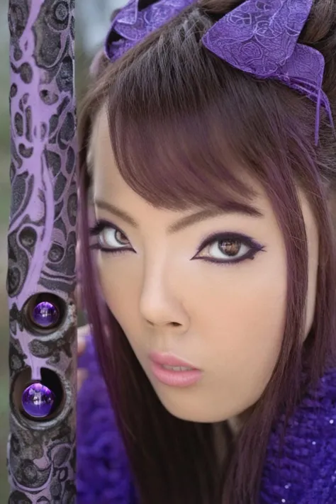 <lora:hitomi-xlv1:1.5>, by Hope Gangloff, Chris Uminga,close up of a Lancer hitomi, detailed eyes, brown hair, asian woman, she has a Black and Purple Cybernetics, Hostel in background, at Midday, split diopter, double exposure, Canon EF, 35mm