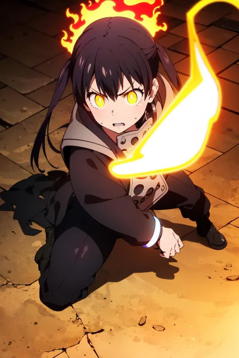 (extremely detailed CG unity 8k wallpaper),(masterpiece),(best quality),(ultra-detailed),(best illustration),(best shadow),(absurdres), <lora:tamaki:0.7>, tamaki, 1girl, solo, yellow eyes, twintails, black hair, teeth, glowing, looking at viewer, bangs, long hair, glowing eyes, coat, anime coloring, open clothes, hair between eyes, open coat, black coat, sweatdrop, close-up, sweat, v-shaped eyebrows, looking up, fighting stance, full body, burning city background, fire