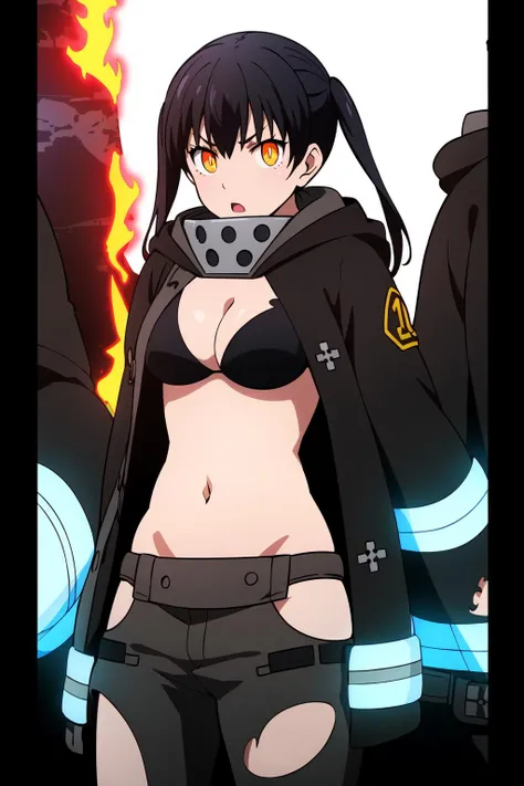 (extremely detailed CG unity 8k wallpaper),(masterpiece),(best quality),(ultra-detailed),(best illustration),(best shadow),(absurdres), <lora:tamaki:0.7>, tamaki, 1girl, solo, twintails, yellow eyes, navel, glowing, black hair, torn clothes, bangs, midriff, looking at viewer, pants, glowing eyes, coat, breasts, holding, open mouth, long hair, swimsuit, gloves, hair between eyes, bikini, black coat, bikini top only, long sleeves, cowboy shot, cleavage, sidelocks, standing, fire, hood, orange eyes, medium breasts, black background, grey pants, hood down, black gloves, black bikini, v-shaped eyebrows, action shot, (fire:1), fire background