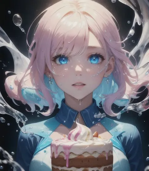 a ice cream, cake, liquid made of liquid splashes, merging, melting, splashing, droplets, mixing, fading away, exploding, swirling, intricate detail, modelshoot style, dreamlikeart, dramatic lighting. 8k, highly detailed, trending artstation