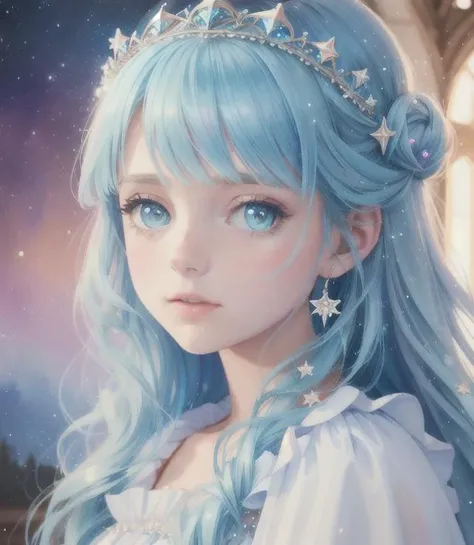(Cinematic Photo:1.3) of (Realistic:1.3),(Cosy:1.3) Princess girl with wing, Blue, Pastel, glitter, dramatic, dreamy, pastel, Watercolor, Whimsical, Delicate, seashell crown, Trending on Artstation, Highly detailed, Intricate, Portrait, digital painting, Fantasy theme,