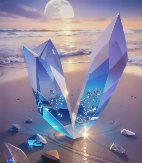 waning moon. flowers roses, stones transparent and diamond crystal in water, on the beach, fantasy, smoke , photo, HD, 8K ,