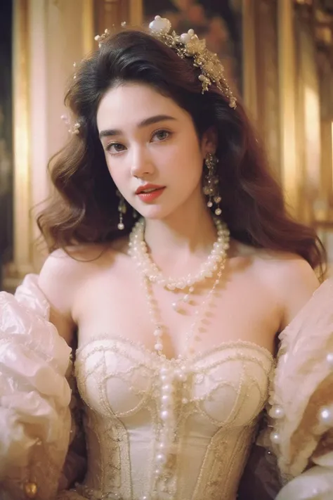 1girl,rococo style,j3n2i773r50-smf,1girl,realistic,long hair,brown hair,blurry background,lips,black hair,smile,looking at viewer,<lora:JenniferConelly_CareerOpportunities_smf_lora_v01:0.6>,<lora:jenniferConnelly_shurikV1:0.2>,jenniferconnelly,<lora:microwaistV05:0.3>,<lora:æ³å
:0.2>,pearl necklace,gem,pearl,jewelry,<lora:æ´å¯å¯>,