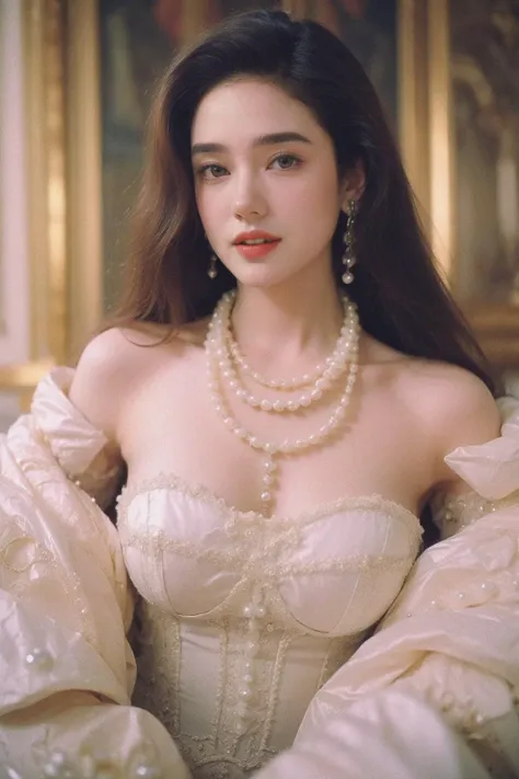 1girl,rococo style,j3n2i773r50-smf,1girl,realistic,long hair,brown hair,blurry background,lips,black hair,smile,looking at viewer,<lora:JenniferConelly_CareerOpportunities_smf_lora_v01:0.6>,<lora:jenniferConnelly_shurikV1:0.2>,jenniferconnelly,<lora:microwaistV05:0.3>,<lora:æ³å
:0.2>,pearl necklace,gem,pearl,(jewelry:1.2),ornate palace,<lora:æ´å¯å¯:0.8>,