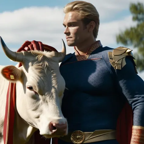 Homelander1024, (a man with a cow), portrait, godly figure, perfect composition, beautiful detailed intricate insanely detailed octane render trending on artstation, 8k artistic photography, photorealistic, , masterpiece, greg rutkowski <lora:Homelander1024-000126:0.9>