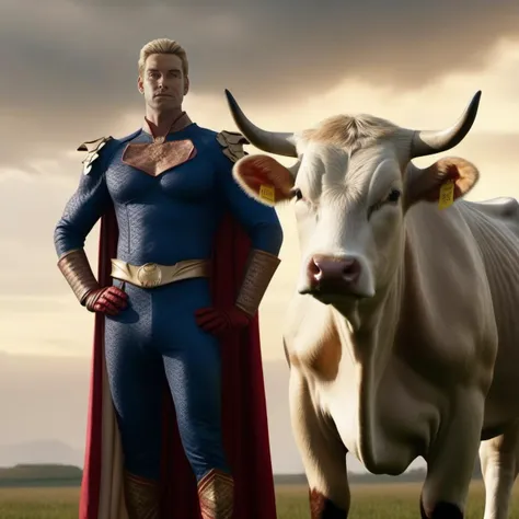 Homelander1024, (a man with a cow), full body,  milk, superhero, godly figure, perfect composition, beautiful detailed intricate insanely detailed octane render trending on artstation, 8k artistic photography, photorealistic, , masterpiece, greg rutkowski <lora:Homelander1024-000126:0.9>