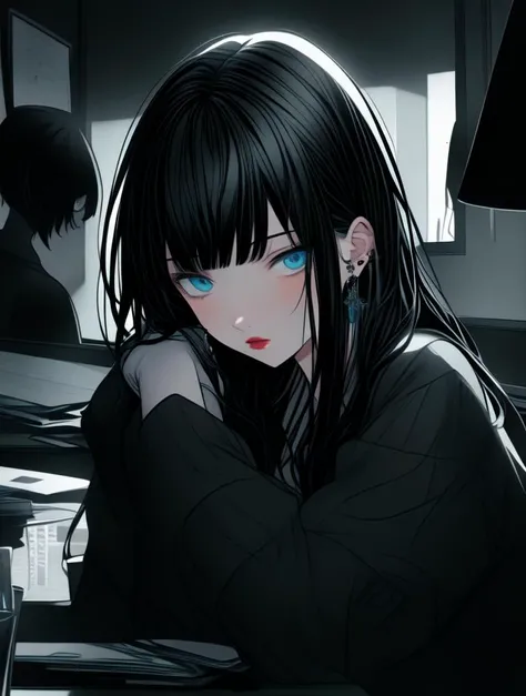 a girl wearing black fantasy clothing with black hair, beautiful blue eyes, art by Jeremy Chong, Gu art by Zheng Wei, art by Z.W Gu, artstation, semi-realistic art, fantasy art, dark and mysterious, surreal environment, detailed painting, Anime girl, anime style, digital art, anime waifu( 17 - years - old) - hot - babe - flirty, fit - thick - build, gorgeous face - perfect with perfect anime eyes - symmetric, anatomically correct, enchanting eyes, beautiful pupils, glowing eyes, beautiful eyes, pupils and iris looking at viewer, looking at viewer, stunning bright eyes, Her chiseled face boasts a high forehead, friendly looking, pronounced cheekbones, piercing eyes with long lashes, a straight narrow nose, full red lips, juicy lips, blush face, clean face, long eyelashes, high contrast, ultra detailed, cinematic lighting, highly detailed, sharp focus, photorealistic painting, Beautiful Lighting, volumetric, 8K, dramatic light, high quality, smooth light, delicate, perfect shading, global illumination, smooth light, delicate, pixiv, High quality, backlight, complex image, 8k, 4k, ( ( masterpiece) ), ( ( ( best quality) ) ), ( ( ultra - detailed) ), best quality illustration, ultra - detailed, rtx[shading( focal/ hardlight - diffused/ ambientlight) defined, best quality illustration, ultra - detailed, rtx[shading( focal/ hardlight - diffused/ ambientlight), aftereffects, highly detailed, face focus, global illumination, stable - diffusion, trending on artstation Artgerm + Tsuaii, Krenz Cushart + Ilya Kuvshinov + Rossdraws + Adam Hughes + Alfons Mucha + Greg Tocchini + Krenz Cushart + Ross Tran, Pixiv masterpiece by ufotable, by Kyoto Animation, anime produced by ufotable, anime produced by madhouse studio, anime produced by studio trigger, concept art, 1girl, jewelry, blue eyes, gloves, shirt, looking at viewer, skirt, long hair, solo, black skirt, black gloves, earrings, long sleeves, black shirt, bangs, belt, hand in pocket, jacket, fingerless gloves, open clothes, cowboy shot, black hair