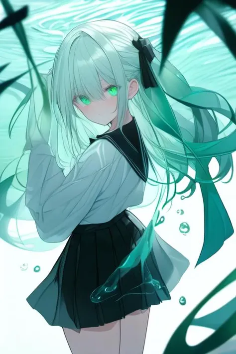 ((masterpiece,best quality))1girl, solo, black|white skirt, blue eyes, (long hair:1.23) , one side up, white|light blue hair, looking at viewer,standing, pleated skirt, black|white shirt, (black stocking:1.4),black ribbon, background_only,technological_Sense,(large incubation tank filled with green transparent liquid and covered with glass),(green full of water incubation tank),(Transparent cylindrical water tank for experiments filled with liquid)(transparent globular shape glass tank), dynamic_lighting,dispersion_light,caustics,8K,large_filesize,illustration,(very_high_resolution,finely_detail),
