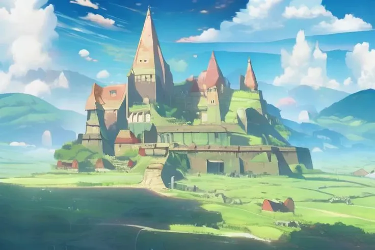 Fantastic flying castle, Ghibli style, scenery, outdoors, fantasy, clothesline, cloud, sky, day, floating island