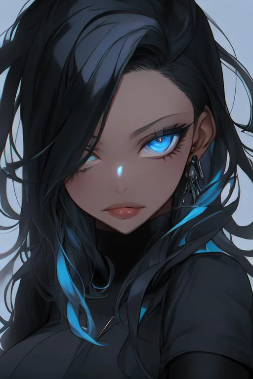 re-l from ergo proxy, black hair, pale skin, blue eys, blue eye shadow, gothic cyberpunk, looking straight, looking at camera, adult woman, 1girl, solo, blue eyes, black hair, long hair, jewelry, looking at viewer, earrings, closed mouth, simple background, upper body, breasts, grey background, zipper