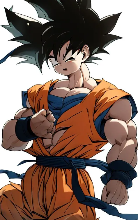 Goku just staring at the camera, son goku, male focus, 1boy, solo, black hair, spiked hair, dougi, muscular, simple background, white background, looking at viewer, serious, veins, blue eyes, muscular male, torn clothes, closed mouth