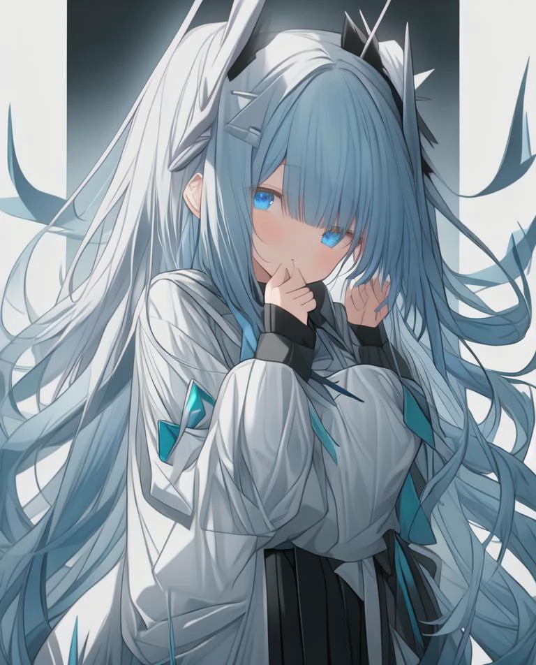 female, , full body, long hair, bright light blue hair, big wand, magic, the background is mysterious, high resolution, 4k, , 1girl, solo, blue eyes, long hair, thighhighs, looking at viewer, smile, long sleeves, twintails, blue hair, bangs, white thighhighs, hair ornament, closed mouth, skirt