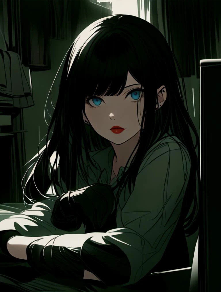 a girl wearing black fantasy clothing with black hair, beautiful blue eyes, art by Jeremy Chong, Gu art by Zheng Wei, art by Z.W Gu, artstation, semi-realistic art, fantasy art, dark and mysterious, surreal environment, detailed painting, Anime girl, anime style, digital art, anime waifu( - ye old) - - babe - flirty, fit - thick - build, gorgeous face - perfect with perfect anime eyes - symmetric, anatomically correct, enchanting eyes, beautiful pupils, glowing eyes, beautiful eyes, pupils and iris looking at viewer, looking at viewer, stunning bright eyes, Her chiseled face boasts a high forehead, friendly looking, pronounced cheekbones, piercing eyes with long lashes, a straight narrow nose, full red lips, juicy lips, blush face, clean face, long eyelashes, high contrast, ultra detailed, cinematic lighting, highly detailed, sharp focus, photorealistic painting, Beautiful Lighting, volumetric, 8K, dramatic light, high quality, smooth light, delicate, perfect shading, global illumination, smooth light, delicate, pixiv, High quality, backlight, complex image, 8k, 4k, ( ( masterpiece) ), ( ( ( best quality) ) ), ( ( ultra - detailed) ), best quality illustration, ultra - detailed, rtx[shading( focal/ hardlight - diffused/ ambientlight) defined, best quality illustration, ultra - detailed, rtx[shading( focal/ hardlight - diffused/ ambientlight), aftereffects, highly detailed, face focus, global illumination, stable - diffusion, trending on artstation Artgerm + Tsuaii, Krenz Cushart + Ilya Kuvshinov + Rossdraws + Adam Hughes + Alfons Mucha + Greg Tocchini + Krenz Cushart + Ross Tran, Pixiv masterpiece by ufotable, by Kyoto Animation, anime produced by ufotable, anime produced by madhouse studio, anime produced by studio trigger, concept art, 1girl, jewelry, blue eyes, gloves, shirt, looking at viewer, skirt, long hair, solo, black skirt, black gloves, earrings, long sleeves, black shirt, bangs, belt, hand in pocket, jacket, fingerless gloves, open clothes, cowboy shot, black hair