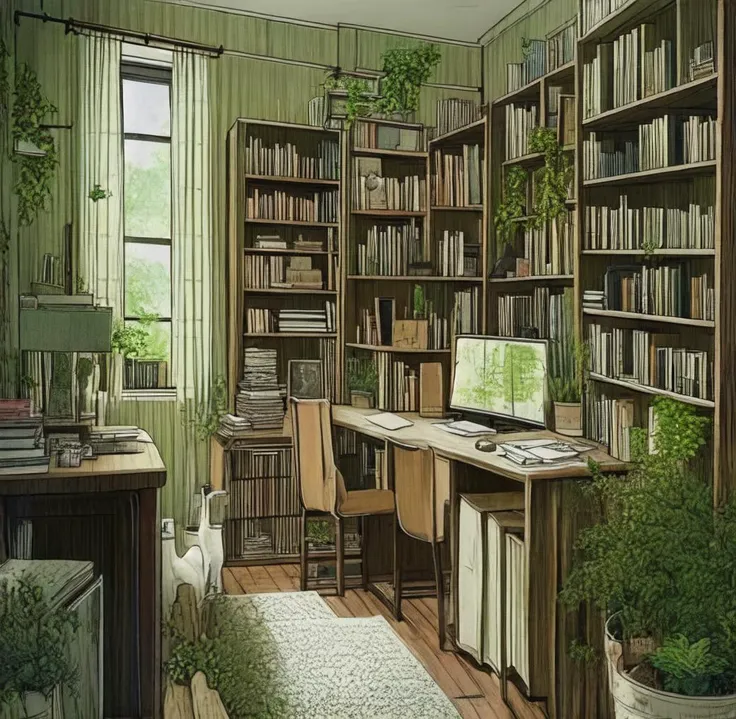 A home office livingroom with bookshelf and plants, picture frame above the couch, plant, indoors, no humans, couch, potted plant, pillow, clock, book, scenery, picture (object), wooden floor, window, shelf, signature, table, rug, picture frame, cushion, photo (object), leaf