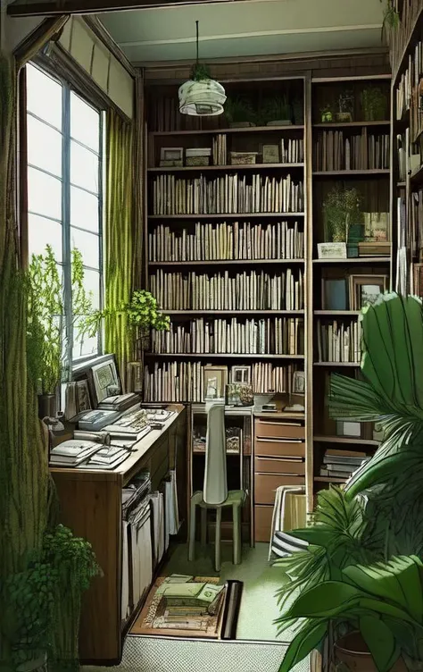 A home office livingroom with bookshelf and plants, picture frame above the couch, plant, indoors, no humans, couch, potted plant, pillow, clock, book, scenery, picture (object), wooden floor, window, shelf, signature, table, rug, picture frame, cushion, photo (object), leaf