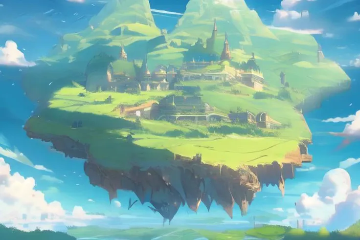 Fantastic flying castle, Ghibli style, scenery, outdoors, fantasy, clothesline, cloud, sky, day, floating island