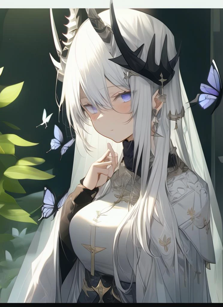 the queen of assassins at twilight portrait, letterboxed, looking at viewer, long hair, purple eyes, upper body, butterfly, white hair, bug, pillar, closed mouth, solo focus, 1girl, bangs, hair between eyes, blush, blurry, breasts, jacket, horns, cape, white jacket, indoors
