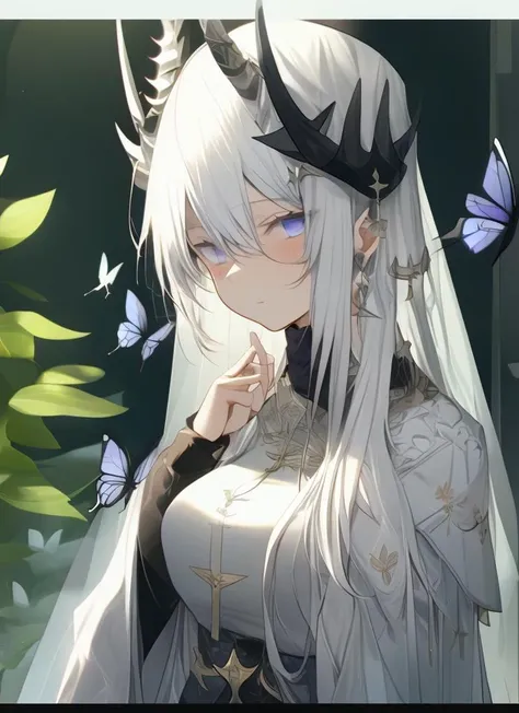 the queen of assassins at twilight portrait, letterboxed, looking at viewer, long hair, purple eyes, upper body, butterfly, white hair, bug, pillar, closed mouth, solo focus, 1girl, bangs, hair between eyes, blush, blurry, breasts, jacket, horns, cape, white jacket, indoors