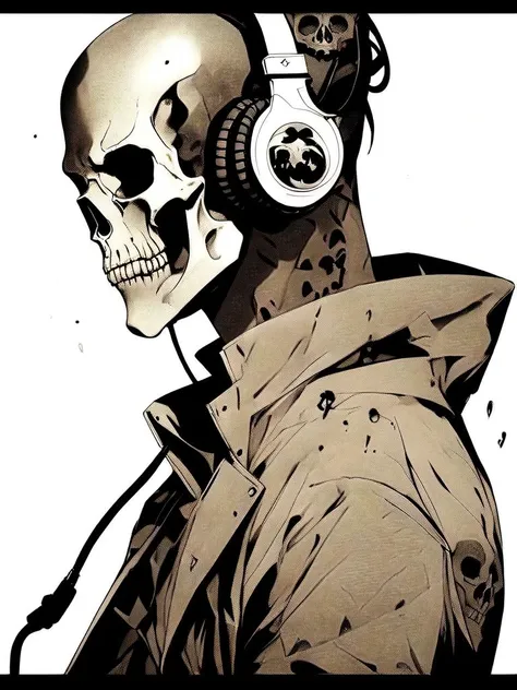 art, headphones, man, skull, bones, minimalism, no hair, headphones, letterboxed, skull, solo, 1boy, male focus, skeleton, white background, simple background, jacket, upper body, monochrome