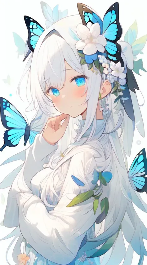 a fairy by naoko takeuchi, 1girl, solo, flower, hair ornament, long hair, hair flower, looking at viewer, wings, blush, upper body, bangs, smile, blue flower, hair between eyes, long sleeves, white background, white hair, closed mouth, butterfly wings