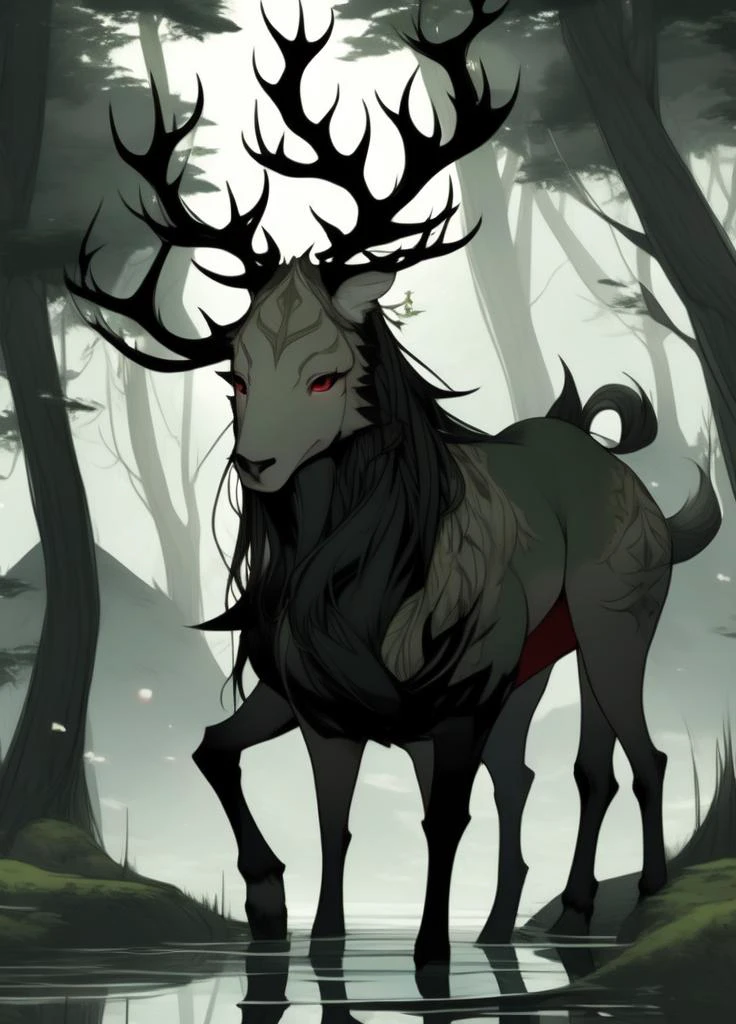 fantasy. a stag-like creature created of darkness, its horns are golden with eyes that glow red. It is as tall as a horse and the air around it seems ethereal. it stands before a lake made of green fire. evil. forebodding. shadowed, nature, red eyes, no humans, forest, antlers, solo, deer, tree, signature, animal, water, looking at viewer, outdoors, long hair, full body, animal ears