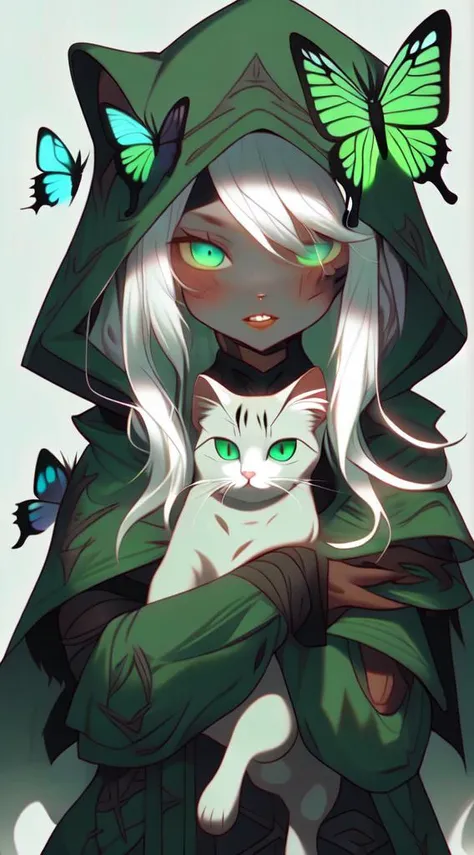 adorable, kawaii, Westernpunk inspired d&d key art of a shy Asian female necromancer, hourglass figure, messy white hair, glowing green eyes, shabby revealing robes, holding cat, tired, , 1girl, cat, animal, green eyes, one eye closed, hood, holding animal, looking at viewer, blush, butterfly, holding, solo, smile, bug, hood up, long hair, grey hair, animal hood, cat hood