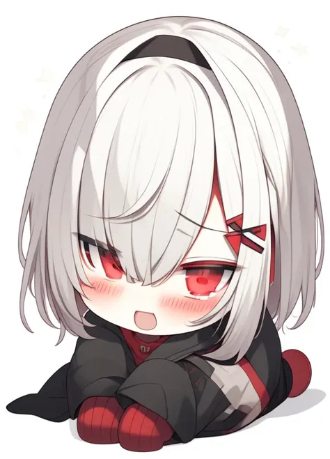 chibi, puni, 1girl with white-short-hair, crimson-eye, black t-shirts, line drawing, 1girl, solo, red eyes, chibi, bangs, hair ornament, closed mouth, hair between eyes, hairclip, looking at viewer, white background, black footwear, blush, white footwear, long sleeves