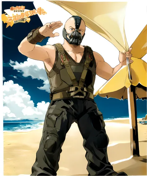 best quality, masterpiece, 1man, bane, standing up, beach <lora:Bane:0.8> sugimori ken \(style\) <lora:pokemon_v3_offset:1>