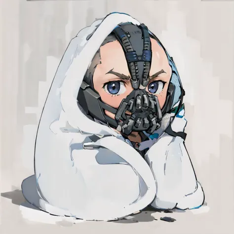 masterpiece, best quality, <lora:Bane-15:0.85> bane, looking at viewer, furrowed brow<lora:cozyblanket-nvwls-v1:1> cozyblanket, chibi, simple background