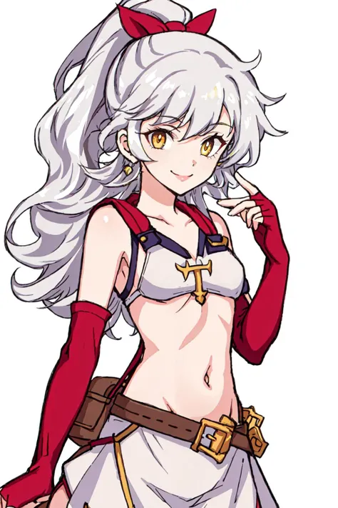 AdelleFFTA, 1girl, solo, yellow eyes, ponytail, long hair, white hair, grey hair, slit pupils, smile, looking at viewer, gloves, fingerless gloves, covered navel, belt, pouch, simple background, , <lora:Adelle_FFTA-10:0.6>