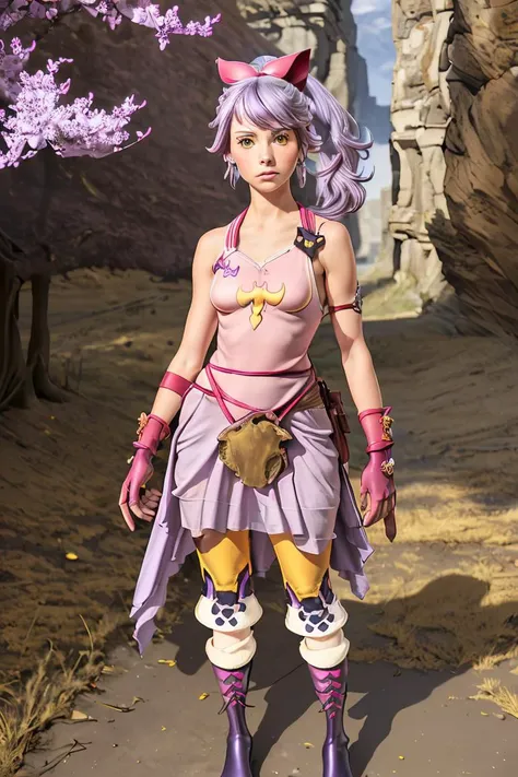 AdelleFFTA, masterpiece, official art, absurdres, 32k UHD, 1girl, solo, gloves, bow, yellow eyes, ponytail, purple hair, boots, elbow gloves, fingerless gloves, pink dress, <lora:Adelle_FFTA:0.8> AdelleFFTA