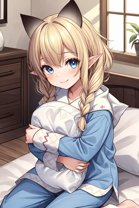 masterpiece,best quality,1girl,meowstress,twin braids,cat ears,pointy ears,blue pajamas,smile,((:3)),pillow hug,indoors,<lora:meowstress:0.9>,<lora:Concept-control tool-add_detail-CyberAIchemist:0.3>,