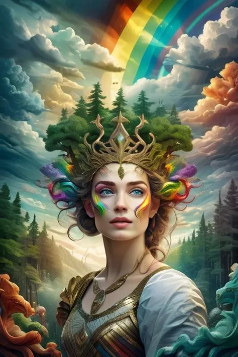 woman in a mythical forest, masterpiece, perfect face, intricate details, horror theme <lora:Cloudify-SDXL:1> cloudify, sky, clouds, rainbow,