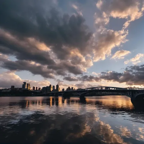 cinematic photo city, sunset dramatic sky, backlit clouds, urban cityscape , bridge over river <lora:Cloudify-SDXL:1> . 35mm photograph, film, bokeh, professional, 4k, highly detailed