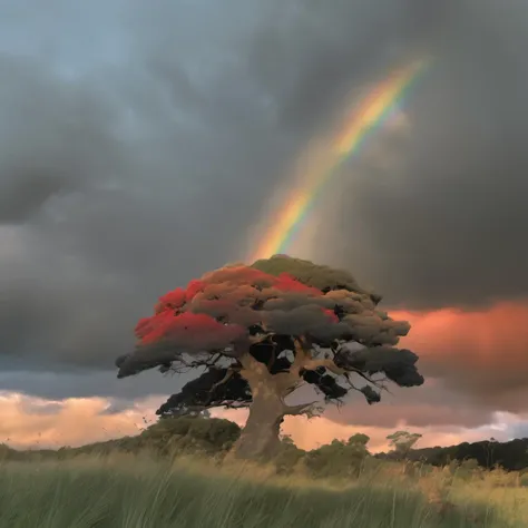 raw portrait ethereal (bonzai cork-oak:1.1) in stormy dark backlight clouds, rainbow, leaves falling in wind  (sunset red sky:1.1),  autumn sun low on horizon, lush meadow  <lora:Cloudify-SDXL:1> <lora:treebark-SDXL-s-exp:0.5>