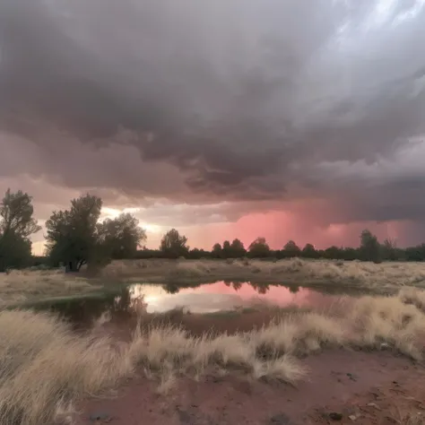 raw, romantic forest fields with pond, storm cloudy sky  (sunset red sky:1.1),  autumn sun low on horizon, desert oasis , lightning <lora:Cloudify-SDXL:1>