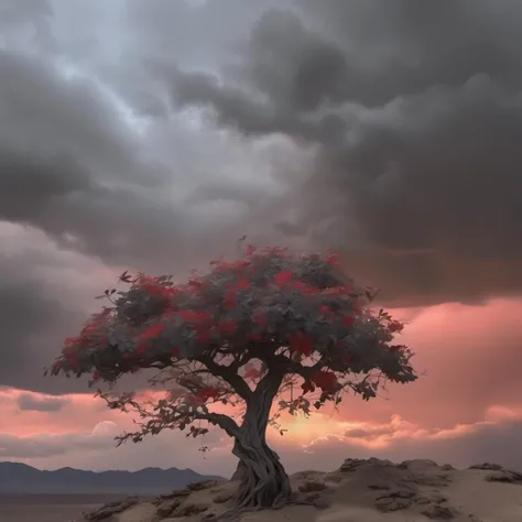 raw portrait ethereal (bonzai apple tree:1.1) in stormy dark clouds, leaves in wind  (sunset red sky:1.1),  autumn sun low on horizon, desert oasis  <lora:Cloudify-SDXL:1> <lora:treebark-SDXL-s-exp:0.5>