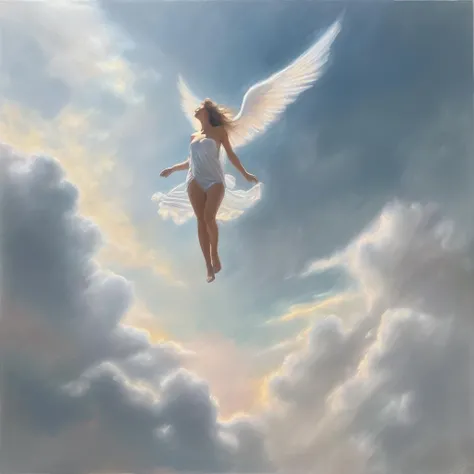 naked man and woman (((full nude))), (((full body))), hugging (((flying))) over dense clouds