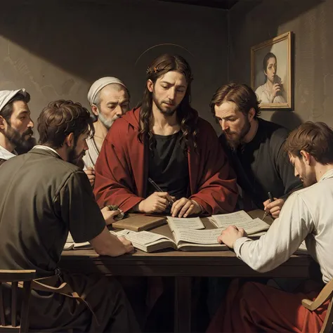 <lora:CARAVAGGIO V1-000002:0.45>, CARAVAGGIO,  oil painting, renaissance, jesus, crown of thorn, group of people, good eyes, clear eyes, best quality, ultra detailed, good hands, perfect hands, holding pen