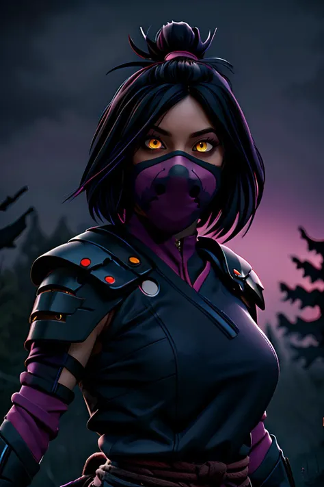 hdr, mileena, black hair, yellow eyes, glowing eyes, ninja mask, wearing pink ninja_clothes with armor, dynamic shot, looking at camera, action pose, forest, dusk, twilight sky, eerie atmosphere, soothing colors, tender light, <lora:Mileena:.8>, <lora:ninjagirl:.8> extremely detailed,