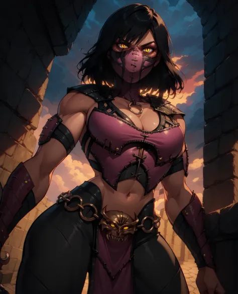 score_9,score_8_up,score_7_up,
Mileena,black hair,yellow eyes,medium hair,slit pupils,
mouth mask,pink top,cleavage,stitched,leather armor,chain,tight black pants,o-ring,
standing,upper body,
serious,looking at viewer,
cloudy,dungeon,
<lora:Mileenamk10:1>,